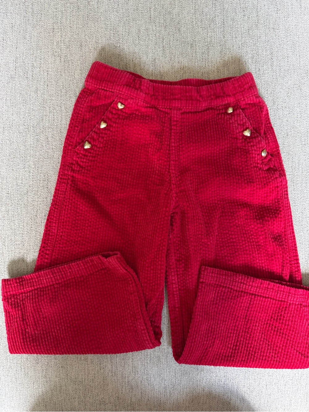 Girls Red Corduroy Pull-On Pants with Heart Studs
